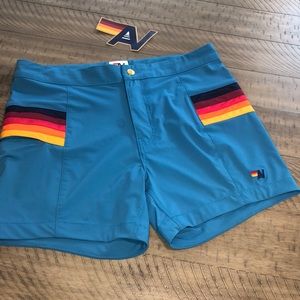 Aviator Nation Horizontal 5 Stripe Flex Shorts in Antiqua. Deep Hip Zip Pocket.